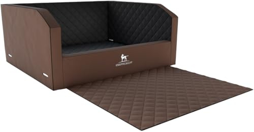 Knuffelwuff Cargo Hunde Transportbox fürs Auto Kofferraum 90 x 65 x 39cm Braun/Schwarz | Memory Foam Liegefläche | Hohe Schutzwände | Abnehmbarer Bezug & Kunstleder abwischbar | Gurtsystem kompatibel