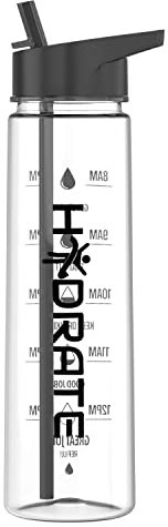 HYDRATE Premium 900ml Motivational Water Bottle with Straw - BPA-Free and Leak-Proof. Designed with Time Markings to Ensure Daily Hydration - Ideal for Office, Gym, and Active Lifestyles, Black