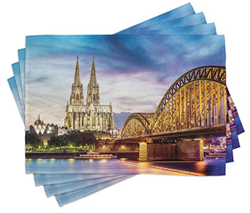 ABAKUHAUS europäisch Platzmatten, Beleuchteter Dom in Köln Alte Brücke und Rhein-Sonnenuntergang-europäische Kultur-Druck, Tiscjdeco aus Farbfesten Stoff für das Esszimmer und Küch, Braun und Blau