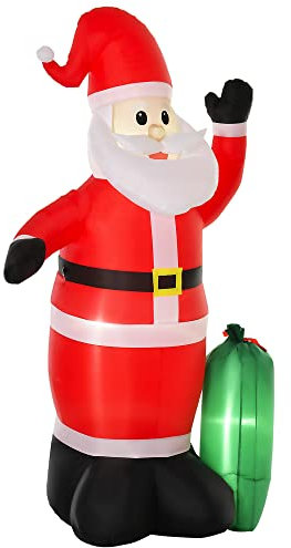 HOMCOM Papá Noel Inflable y Regalo Santa Claus Hinchable con 3 Luces LED e Inflador Eléctrico Decoración Navideña para Exteriores Interiores 148x85x240 cm Rojo y Verde