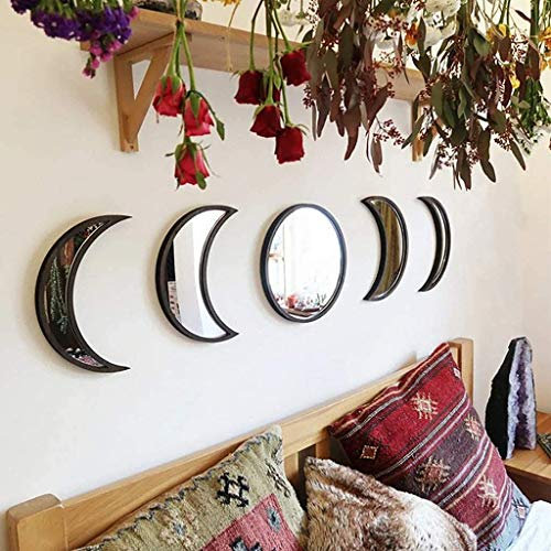 WANDER EU 5 Stück Mondphase Wandspiegel mit Aufklebern, Boho dekorative Spiegel für Schlafzimmer Kopfteil Wohnzimmer Wohnheim Kinderzimmer Apartment Büro (Black)