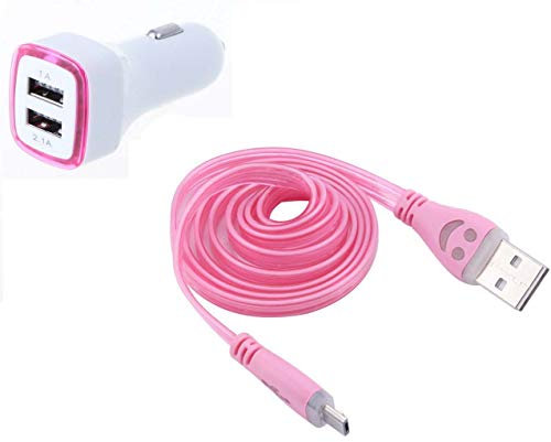 Pack Chargeur Voiture pour WIKO View 4 Lite Smartphone Micro USB (Cable Smiley + Double Adaptateur LED Allume Cigare) (Rose)