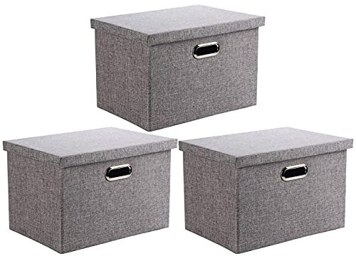 Wintao Aufbewahrungsbox mit Deckel, Faltbare Kisten Aufbewahrung Grau, Groß 44 x 31 x 29 cm, 3 Stück