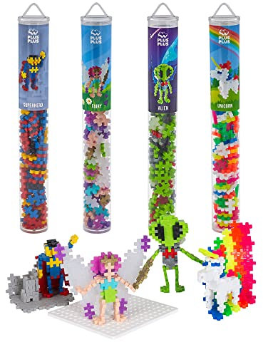Plus-Plus 7268 Geniales Konstruktionsspielzeug, Figuren-Mix, Bundle aus 4 verschiedenen Kreativ-Bausteine Tubes inkl. Bauplatte, 400 Teile, Mischfarben