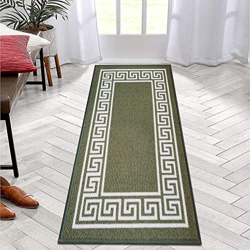B&B Hallway Runner Kitchen Rug Non-Slip Washable Door Mat | 66 x 220 cm Anti Fatigue, Entrance Large Anti-Slip Floor Mat Stair Runner Rug Carpets - Greeky Rug - Green & Cream