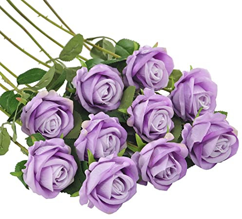 Fake Roses Artificial Flowers with Long Stem for Decoration Bouquet Wedding Floral Arrangement 10pcs (Light Purple)