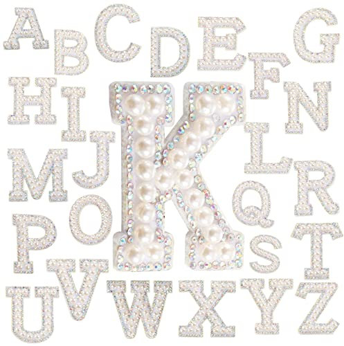 A-Z Letter White Pearl Rhinestone Patch, 26 Pieces Ironing Patch Glitter Pearl Rhinestone Letters, Iron on Letters English Alphabet Iron On Letters for Clothes, Jeans, Skirts, Dolls, Pendants Sewing