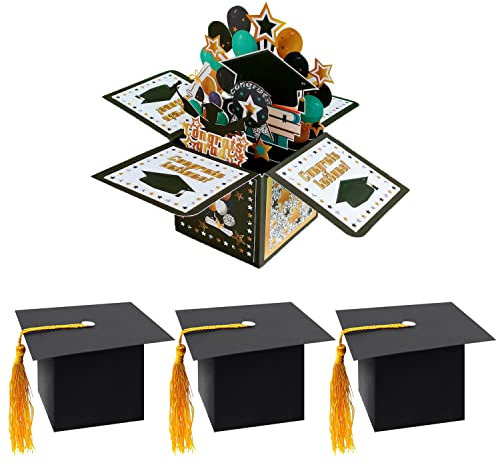 YSDYY 1 3D-Graduierungs-Grußkarte und 3 Graduierungshut-Geschenkbox, 3D-Graduierungskappen-Grußkarte, erfolgreiche Prüfungs-Grußkarte, zusammenklappbare Grußkarte, Glückwunsch-Graduierungskarte