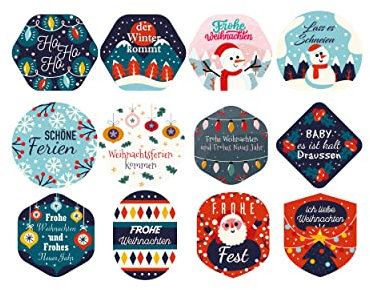 colortouch 48 Stück Aufkleber Weihnachten (Deutsch), Schnee Serie, 12 verschiedene Designs, Weihnachtsaufkleber für Geschenke, Rund, Fröhliche Weihnachts Etiketten zum beschriften, Selbstklebend