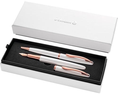 Pelikan Geschenkset Jazz Noble mit Füller und Kugelschreiber, Perlmutt (Weiß), eleganter Patronenfüller (Feder M) und Kugelschreiber aus Metall, im Geschenketui, 821865
