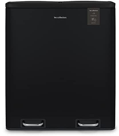 Les Collectors N°910, Papelera de Reciclaje, 2 cubos de 30litros, Cubos Removibles, 60L, Cierre Silencioso, Acero Inoxidable, Negro Mate