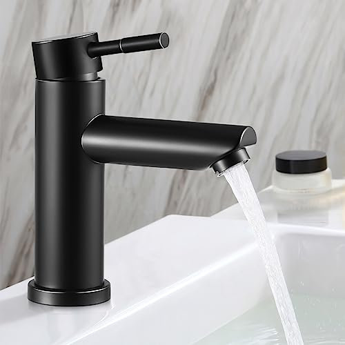 Housoutil Becken Wasserhahn Niederdruck Armatur Bad Wasserhahn Schwarz Bad Kaltwasserhahn Gäste Wc Spültischarmatur Schul Wasserhähne Badezimmer Einzelnes Loch Waschbecken Rostfreier Stahl