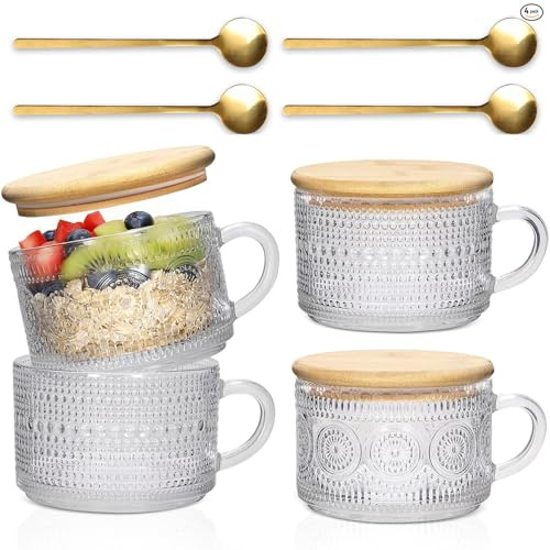 Xigugo Vintage Coffee Mugs 4pcs Set, Clear Embossed Tea Cups with Bamboo Lids and Spoons, 14 Oz Glass Coffee Cups, Cute Coffee Bar Accessories, Iced Coffee Glasses, Ideal for Cappuccino, Latte, Tea