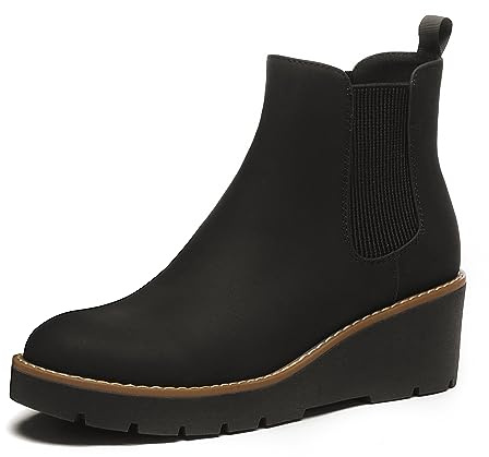 Athlefit Women's Chelsea Wedge Boots Elastic Platform Lug Sole Slip on Wedge Ankle Black Booties Size 8.5