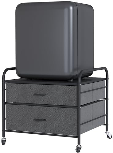 Alavoco Mini Fridge Stand, 120LBS Mini Fridge Table, 2 Drawer Fridge Cart, Mini Fridge Stand with Storage, Metal Frame Iron Top, 4 Swivel Wheels for Home Kitchen, Black
