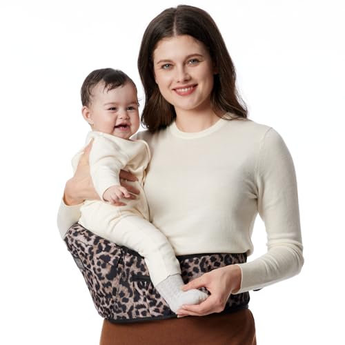 Momcozy Hüftsitz Babytrage - Verstellbarer Bund mit Original 3D Bauchschutz, Ergonomische Trage mit Verschiedenen Taschen für Neugeborene & Kleinkinder bis 20.4 kg (Leopard, Medium)
