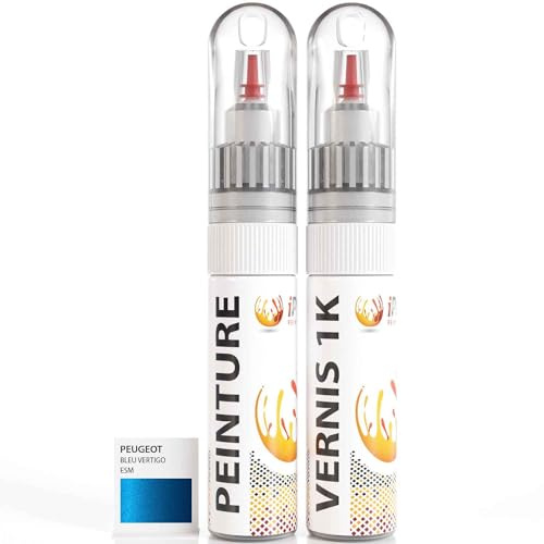 ipixline Kit Retouche Peinture Carrosserie Voiture - Stylo Correcteur Peinture Auto 30 ml, Vernis Brillant 1k 30 ml - Compatible avec Peugeot - Bleu Vertigo ESM