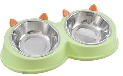 FVLAVEA Double Cat Bowls with Stand Tilted, Cat Bowl, 0 &15° Stainless Steel Elevated,Cat Food and Water Dispenser: Dual Bowls for Small to Medium Cats and Dogs(Green)