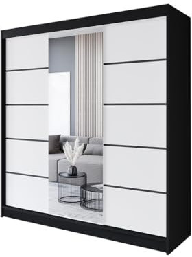 Easy4You R6 200 cm Schwarz/Weiß Schiebetüren Kleiderschrank 200x215x58 cm mit Spiegel - Schlafzimmermöbel, Aufbewahrung - Mehrzweckschrank
