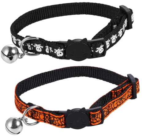 VILLFUL Katzenhalsband Mit Halsring Verstellbar Und Elastisch Für Haustiere Spinnennetze Und Totenköpfe Stil Passend Für Halloween