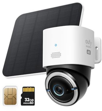 eufy Security 4G LTE Cam S330, 4K Cellular Wireless Security Camera, Pan and Tilt, Solar Powered, 4G and Wi-Fi Duo-Mode, AI Human/Vehicle Tracking, with SIM Card and 32GB SD Card