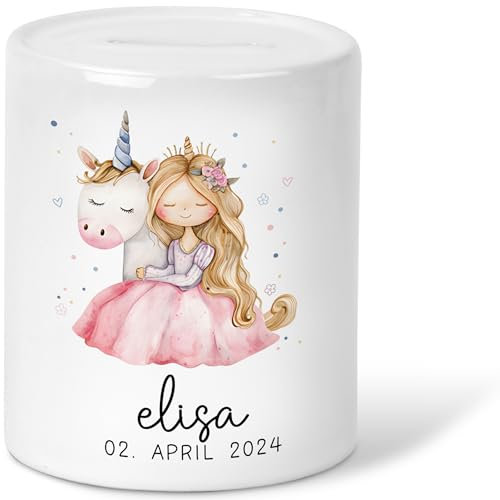kleinebuchstaben® Spardose Einhorn & Prinzessin Name Personalisiert für Mädchen zum Geburtstag, Taufe Kommunion Firmung Konfirmation, Weihnachten - Keramik, Sparschwein, Gelddose, Wunschnamen