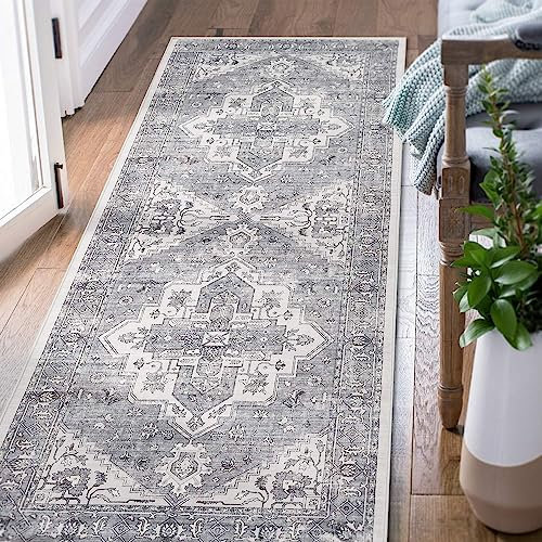 TOPICK Teppich Orientalisch 60x150cm Entryway Läufer Innen Waschbarer Boho Flurteppich Läufer Lang Distressed Weicher Küchenläufer rutschfeste Badezimmer Küche Wohnzimmer Schlafzimmer Grau