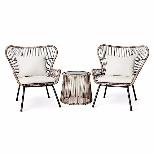 3-teiliges Outdoor-Gesprächs-Balkonmöbel-Set, Patio-Bistro-Set, mit Glastisch und gepolsterten Stühlen, für Garten, Hinterhof, Deck,