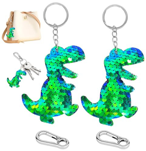 SwirlColor Dino Schlüsselanhänger, 2pcs Lustige Grüne Karikatur Tier Schlüsselanhänger Reversible Pailletten Schlüsselanhänger für Kinder Erwachsene, mit 2 Ringen