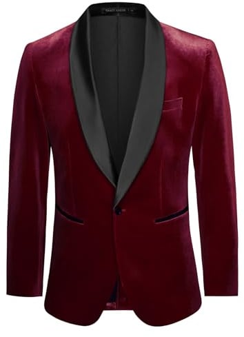 Mens Velvet Blazers Shawl Collar One Button Slim Fit Blazer Jacket Coat for Winter Christmas L Wine