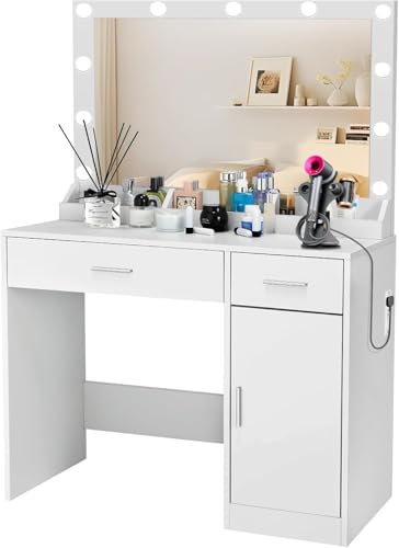 Schminktisch mit Spiegel, Beleuchtung und Ladestation, Schminkspiegel mit 3-farbiger Beleuchtung und einstellbarer Helligkeit, Frisiertisch mit Nachttisch, 4 Schubladen und 1 Schrank (reinweiß)