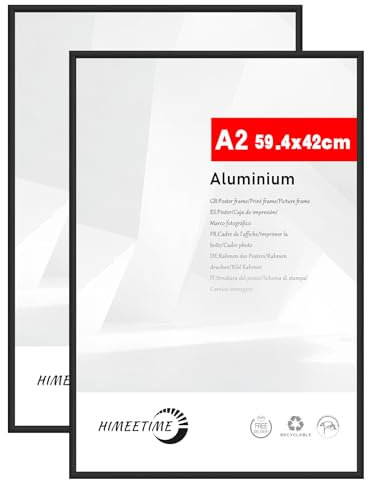 HIMEETIME® 2x Cadre Photo 42x59,4 cm en Aluminium Noir Cadre 42x59,4 cm, Cadre à Documents A2, Verre Acrylique Incassable Excellente Qualité Durable, Décoration Murale A2