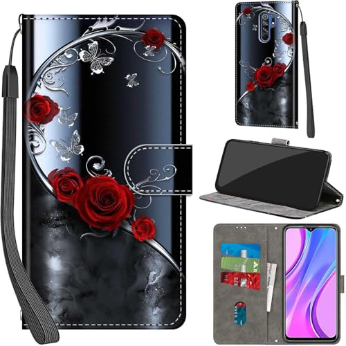 Haninsuze Cover per Xiaomi Redmi 9, farfalla rosa | Pelle PU Portafoglio, Porta Carte, Magnetica, Libro, Antiurto Custodia