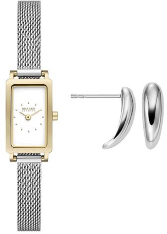 Skagen Damen Hagen Micro Silber-Ton Edelstahl-Uhr und Anja Pebbles Ohrringe, Set