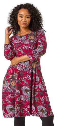 Roman Originals Tunic Dress with Pockets for Women UK Ladies Swing Fit & Flare Skater Slouch Stretchy Casual Smart Winter Jersey Pull On Work Office 3/4 Long Sleeves - Petite Wine - Size 8