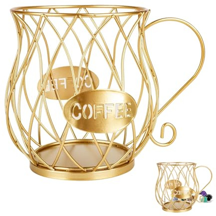 Jsleid Kaffeekapselkorb, Kaffeekorb, Kaffeekapsel Pod Aufbewahrungskorb | Kaffee Pod Halter Korb, Zur Aufbewahrung Von Kaffeekapseln und Früchten für Theke Und Kaffeebar (Gold)