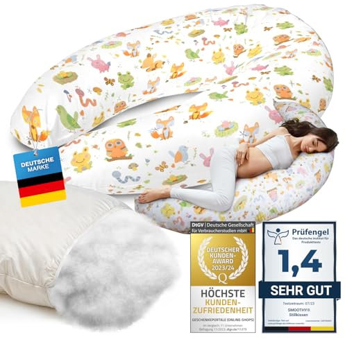 SMOOTHY® Stillkissen Schwangerschaftskissen XXL Premium Seitenschläfer-Kissen; Baumwoll-Bezug Schlafkissen & Lagerungs-Kissen für Mutter (Bunt Tiere, Bezug + Kissenwatte (Selbstbefüllung))