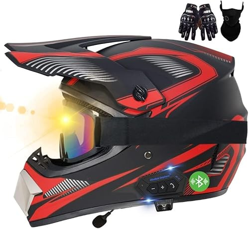 Motocross-Bluetooth-Helme, ECE-geprüft, Motocross-Helme mit Handschuhen/Brille/Maske, bequem und belüftet, sicher, geeignet für Motocross, MTB, Cross-Bike, BMX A,L59-60CM
