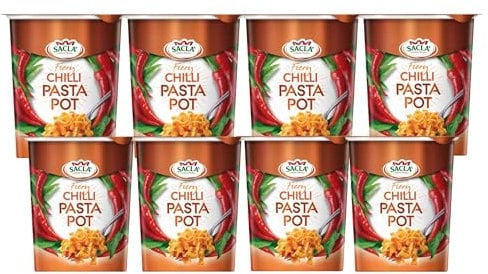 Sacla Italian Instant Pasta Pot - Ready in 5 Minutes, Quick and Delicious with Perfectly-Cooked Tagliatelle in a Pasta Sauce - Convenient Lunch, Made in Italy, Fiery Chilli (Pack of 8)