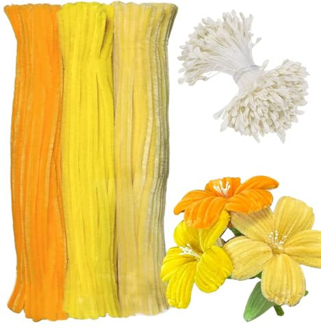 Barlone 300 Stück Pfeifenreiniger zum Basteln Blumen, Pfeifenreiniger Gelb mit 350 Weiß Staubgefäße, Pipe Cleaner Flower Set, Pfeifenputzer für Blumen, Tiere oder, DIY Bastelprojekte