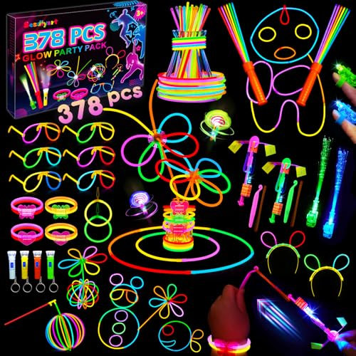 Besdiyart 378 Stück Knicklichter Party Set, Leuchtstäbe mit 200 Verbinder, Leuchtspielzeug Schleuder, Leuchtstab Glasfzaser, Leucht Brille, Armreif, Leuchtspielzeug für Festival Hochzeiten Geburtstag