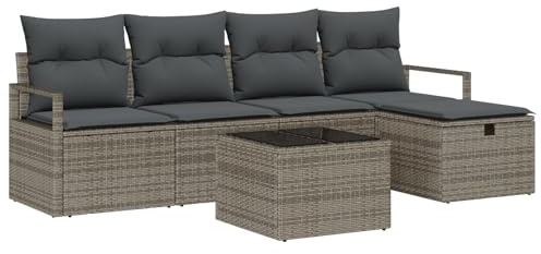 vidaXL 6-teiliges Garten-Sofaset mit Kissen in Grau aus Poly Rattan – modulare Outdoor-Möbel, wetterfest und bequem mit verstellbaren Füßen. Ideal für Patios und Balkone.