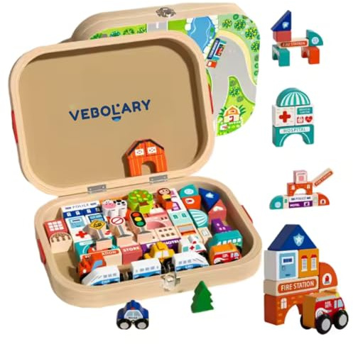 Vebolary Stadt zum Zusammenbauen, 50 Teile, Feuerwehr, Polizei, Krankenhaus, Museum, Züge und Autos, Holz, Kinderspielzeug, Kinder, 3 Jahre, 4 Jahre, kognitive Entwicklung, Holz