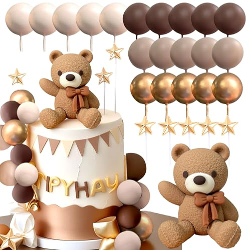 JeVenis Bär Tortendeko Beige Braun Kugeln Cake Topper Boho Bären Cake Toppers Baby Shower Geburtstag Kuchen Dekoration