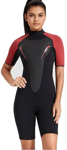 Qinyuyang Men's & Women's Shorty Wetsuit, 3MM Neoprene Short Sleeve Diving Suits Back Zip Wet Suit for Surfing, Swimming, Canoeing, Kayaking, Watersports,L, Women's Red
