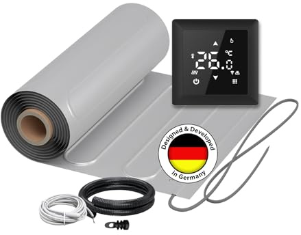 Elektrische Fußbodenheizung: Zweiader-ALU-Heizmatte WARMON ALU 150 W/m² inkl. Thermostat mit Bodensensor, Thermostat:WLAN Schwarz, Mattengröße:4 m²