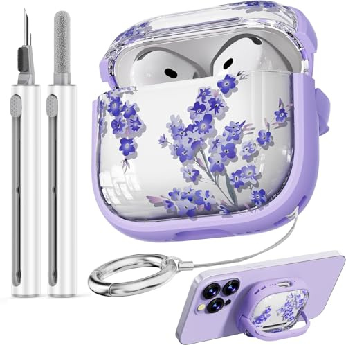 Safety Lock Inesore Floral Cute Hülle Compatible with AirPods 4 (ANC), Case for Women Girls, with Cleaning Kit and Keychain (2024) - Purple