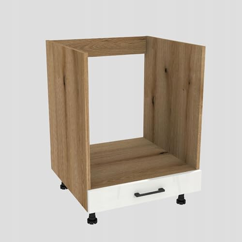 Laclar Küchenunterschrank für Backofen 52,8x60x72 cm - Unterschrank Küche mit Soft-Close Scharnieren - verstellbare Füße - Eiche Evoke, weißes Acryl Hochglanz