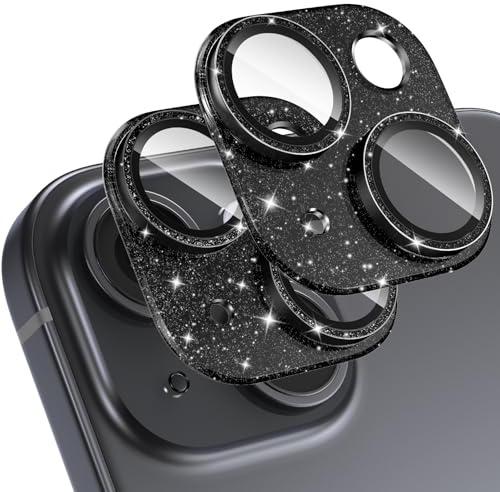 Giftorld [2 Pack Bling Camera Lens Screen Protector for iPhone 13/13 Mini with 9H Tempered Glass Aviation Aluminum Plate Cover Metal Ring,Night Circle-Glitter Black