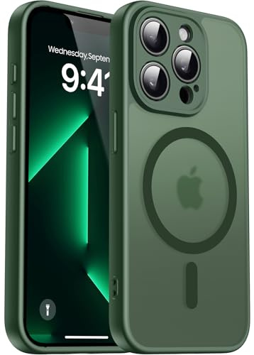 Natiiozie Magnetisch Hülle für iPhone 13 Pro, Matt Dunkelgrün | Kompatibel mit MagSafe, Kameraschutz Militärschutz Handyhülle, Stoßfest Kratzfest Schutzhülle Transluzente Rückseite Case